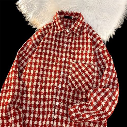 Petit Coupe-Vent Parfumé Hommes Printemps Et Automne Haut De Gamme Rue Frite Vetements Pour Hommes Pied-De-Poule Chemise En Laine Vintage Vintage Tops