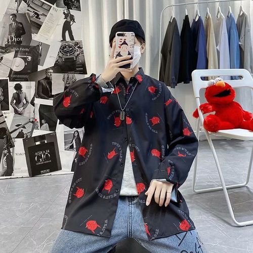 Style Rétro De Ins Automne Sentiment Chemise A Fleurs A Manches Longues Couples Masculins Et Féminins All-Match Lâche Chemise Cubaine Paresseux A La Mode