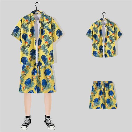 Été Amazon Plage Transfrontaliere Vent Chemise Lâche Costume Décontracté Hawaien Ensemble Deux Pieces Imprimé Pour Hommes