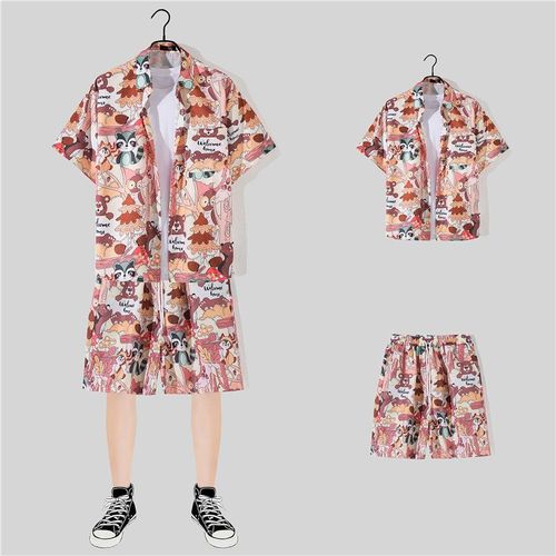 Été Amazon Plage Transfrontaliere Vent Chemise Lâche Costume Décontracté Hawaien Ensemble Deux Pieces Imprimé Pour Hommes