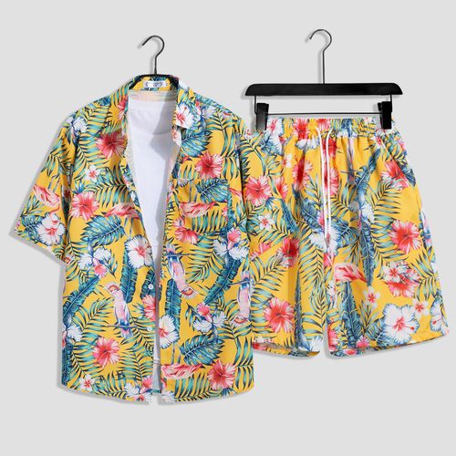 Hawaii Bord De Mer Plage Vacances Costume Hommes Ample Grande Taille Couple Marque A La Mode Chemise A Fleurs A Manches Courtes Décontracté Deux Pieces Ensemble