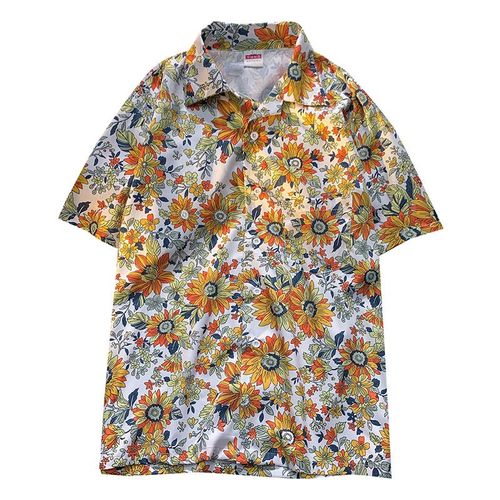 Chemise A Fleurs Mâle Ins Ruffian Beau A Manches Courtes Été Tendance Marque Lâche Plage Floral Hawaien Col Cubain Chemise Pouce Chemise C