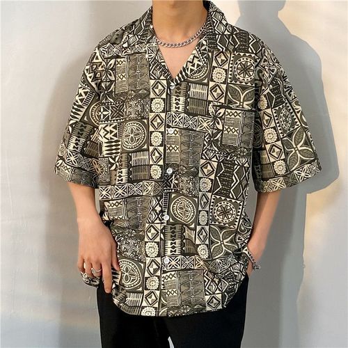 Crâne Fleur Grande Taille Vieux Canon A Manches Courtes Col Cubain Gros Homme Fleur Chemise Japonais Rétro Hommes Et Femmes Thailande Hawai Marée