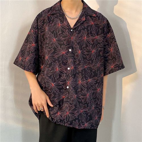 Crâne Fleur Grande Taille Vieux Canon A Manches Courtes Col Cubain Gros Homme Fleur Chemise Japonais Rétro Hommes Et Femmes Thailande Hawai Marée