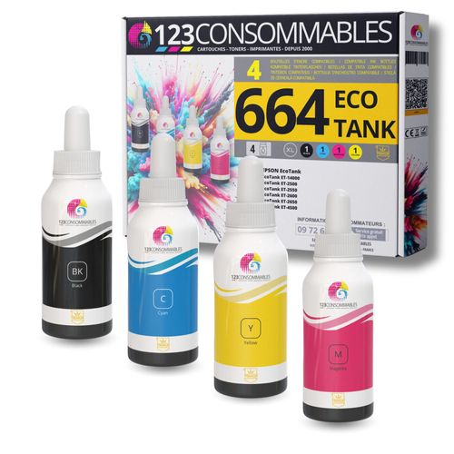 123CONSOMMABLES - Pack compatible avec EPSON 664 ECOTANK, 4 bouteilles d'encre