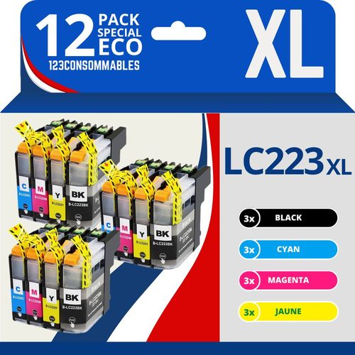 123CONSOMMABLES - Pack compatible BROTHER LC-223, 12 cartouches
