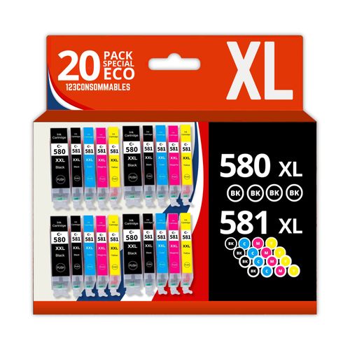 123CONSOMMABLES - 580XXL 581XXL - Cartouches d'encre Compatible avec Canon 581 580 XXL pour TS8150 TS6150 TS8250 TS6151 TR8550 TR7550 TS8151 TS9150 (8 Noir / 4 Cyan / 4 Magenta / 4 Jaune)