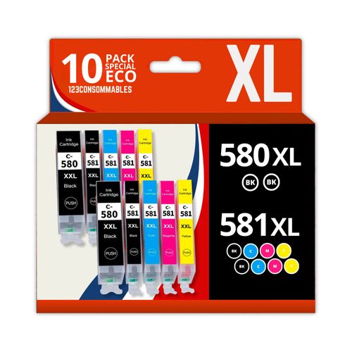 123CONSOMMABLES - 580XL 581XL - Cartouches d'encre Compatible avec Canon 581 580 XXL pour TS8150 TS6150 TS8250 TS6151 TR8550 TR7550 TS8151 TS9150 (4 Noir / 2 Cyan / 2 Magenta / 2 Jaune)