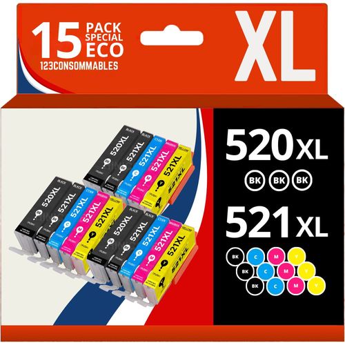 123CONSOMMABLES - PGI-520 CLI-521 - Cartouches d'encre compatibles pour Canon Pixma IP3600 IP4600 IP4600X IP4700 MP540 MP550 MP560 MP620 MP630 MP640 MP640R MP980 MP990 MX860 MX870 (Lot de 15)