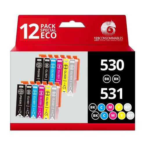 123CONSOMMABLES - Pack compatible Canon PGI-530, CLI-531, 12 cartouches
