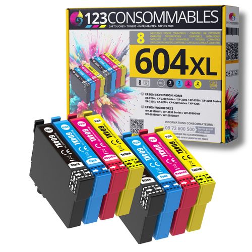 123CONSOMMABLES - 604XL - Pack 8 Cartouches Encre Compatible avec EPSON 604 XL pour Epson Expression Home XP-2200 XP-2205 XP-3200 XP-3205 XP-4200 XP-4205, Workforce WF-2910 WF-2930 WF-2935 WF-2950