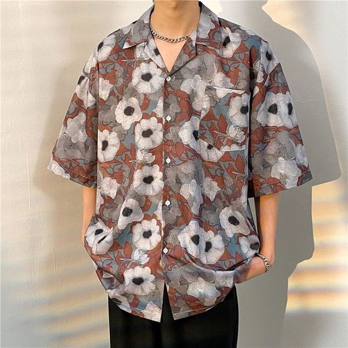 Nouvelle Grande Taille Rétro Classique Col Cubain Chemise Hommes A Manches Courtes Été Glace Soie Chemise Hommes Vetements