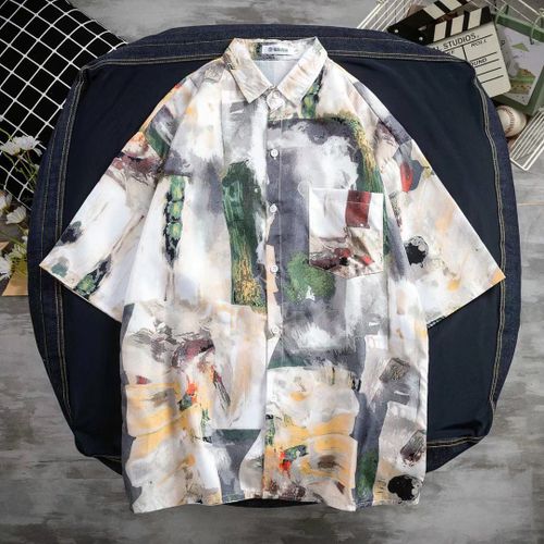 Chemise Imprimée De Style Rétro Pour Hommes De Style Version Coréenne A Manches Courtes Lâche Été Section Mince Survetement Design Sens Chemise De Niche