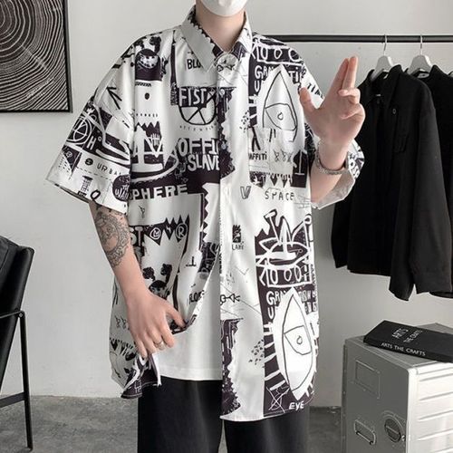 Vintage Graffiti Chemise Décontractée Hommes A Manches Courtes Été Section Mince Lâche A La Mode Marque Personnalité Design Sens Chemise Demi-Manches