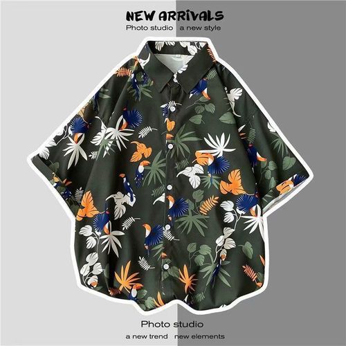 Été Nouveau Japonais Ins Style Rétro Floral Mince Couple Chemise Haut Lâche A Manches Courtes Chemise Hommes Marée