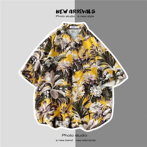 Été Nouveau Japonais Ins Style Rétro Floral Mince Couple Chemise Haut Lâche A Manches Courtes Chemise Hommes Marée