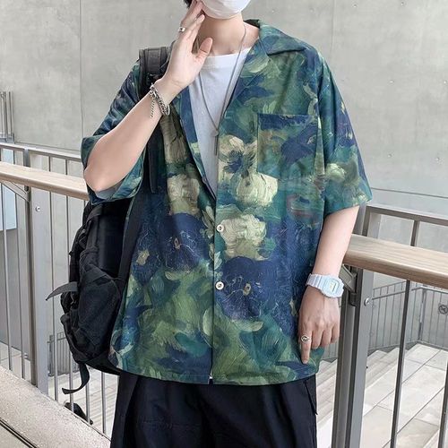 Rétro Peinture A L'huile Hawaienne A Manches Courtes Chemise Hommes Marée Marque A La Mode Lâche Glace Soie Col Cubain Vintage Fleur Chemise