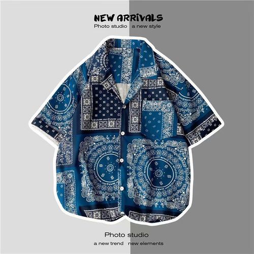 Rétro Peinture A L'huile Hawaienne A Manches Courtes Chemise Hommes Marée Marque A La Mode Lâche Glace Soie Col Cubain Vintage Fleur Chemise