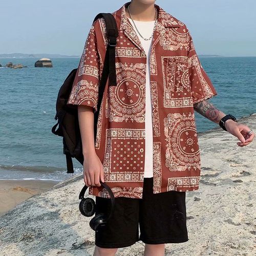 Rétro Peinture A L'huile Hawaienne A Manches Courtes Chemise Hommes Marée Marque A La Mode Lâche Glace Soie Col Cubain Vintage Fleur Chemise