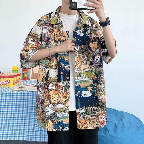 Rétro Peinture A L'huile Hawaienne A Manches Courtes Chemise Hommes Marée Marque A La Mode Lâche Glace Soie Col Cubain Vintage Fleur Chemise