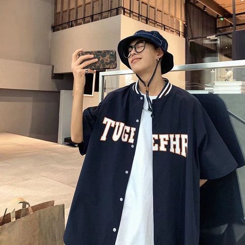 Chemise D'outillage Hip-Hop T Été Ample Collier De Baseball Américain Ins Couple Marque A La Mode Hommes Et Femmes Bf Haut A Manches Courtes A Cinq Points