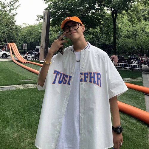 Chemise D'outillage Hip-Hop T Été Ample Collier De Baseball Américain Ins Couple Marque A La Mode Hommes Et Femmes Bf Haut A Manches Courtes A Cinq Points
