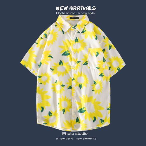 Chemise A Fleurs Rétro Japonaise Mince Chemise A Fleurs Hawaienne A Manches Courtes Pour Hommes Lâche A La Mode Couples All-Match Manches Cinq-Quarts
