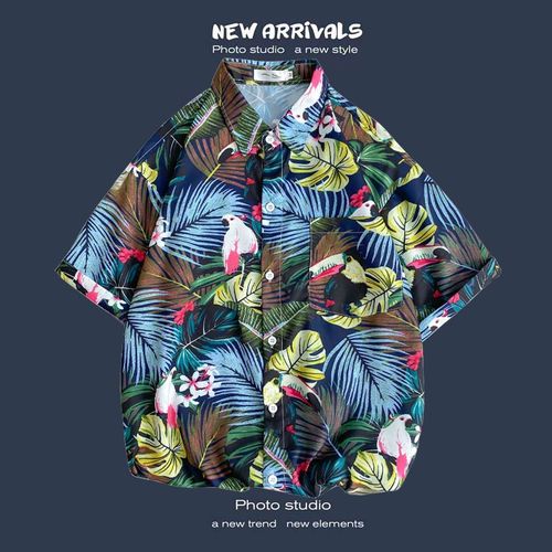 Chemise A Fleurs Rétro Japonaise Mince Chemise A Fleurs Hawaienne A Manches Courtes Pour Hommes Lâche A La Mode Couples All-Match Manches Cinq-Quarts