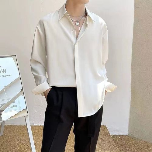 Été Glace Soie Chemise Noire Hommes A Manches Longues A Manches Longues Sans Repassage Ample Décontracté Ruffian Beau Garçon Gris Chemise