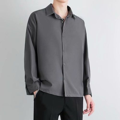 Été Glace Soie Chemise Noire Hommes A Manches Longues A Manches Longues Sans Repassage Ample Décontracté Ruffian Beau Garçon Gris Chemise