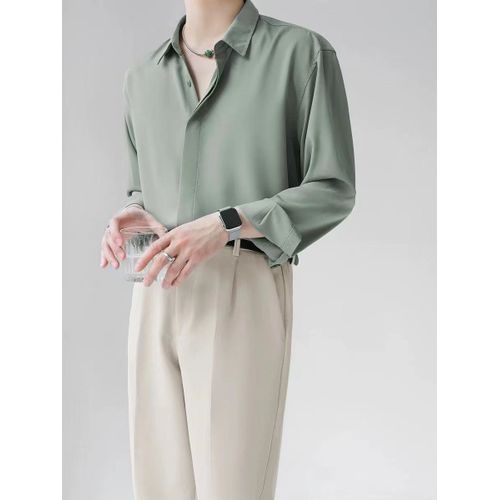 Été Glace Soie Chemise Noire Hommes A Manches Longues A Manches Longues Sans Repassage Ample Décontracté Ruffian Beau Garçon Gris Chemise