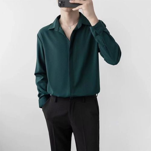 Été Glace Soie Chemise Noire Hommes A Manches Longues A Manches Longues Sans Repassage Ample Décontracté Ruffian Beau Garçon Gris Chemise