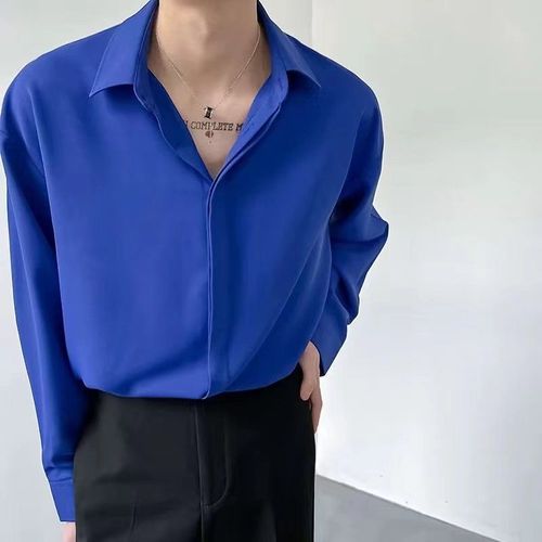 Été Glace Soie Chemise Noire Hommes A Manches Longues A Manches Longues Sans Repassage Ample Décontracté Ruffian Beau Garçon Gris Chemise