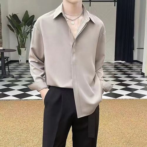 Été Glace Soie Chemise Noire Hommes A Manches Longues A Manches Longues Sans Repassage Ample Décontracté Ruffian Beau Garçon Gris Chemise