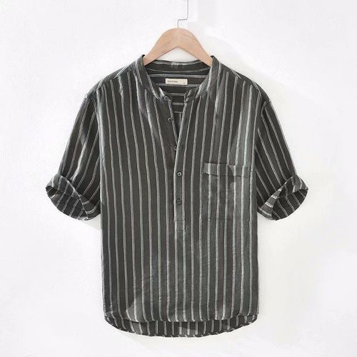 Chemise En Coton Et Lin A Col Montant Assortie Aux Couleurs Japonaises Tendance De La Mode A Manches Trois-Quarts Pour Hommes Version Coréenne Chemise A Manches Mi-Longues En Lin A Manches Sept Points