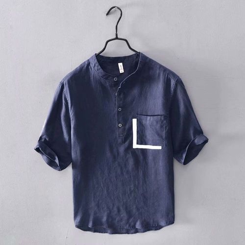 Chemise En Coton Et Lin A Col Montant Assortie Aux Couleurs Japonaises Tendance De La Mode A Manches Trois-Quarts Pour Hommes Version Coréenne Chemise A Manches Mi-Longues En Lin A Manches Sept Points