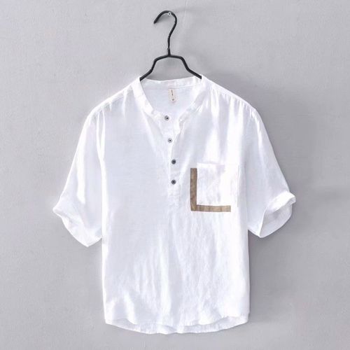 Chemise En Coton Et Lin A Col Montant Assortie Aux Couleurs Japonaises Tendance De La Mode A Manches Trois-Quarts Pour Hommes Version Coréenne Chemise A Manches Mi-Longues En Lin A Manches Sept Points