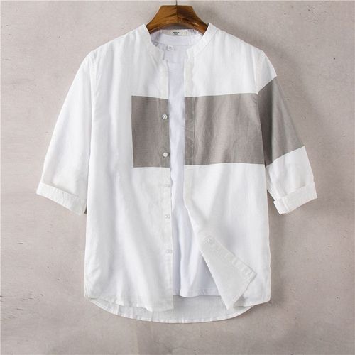 Chemise En Coton Et Lin A Col Montant Assortie Aux Couleurs Japonaises Tendance De La Mode A Manches Trois-Quarts Pour Hommes Version Coréenne Chemise A Manches Mi-Longues En Lin A Manches Sept Points