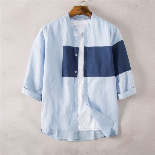 Chemise En Coton Et Lin A Col Montant Assortie Aux Couleurs Japonaises Tendance De La Mode A Manches Trois-Quarts Pour Hommes Version Coréenne Chemise A Manches Mi-Longues En Lin A Manches Sept Points