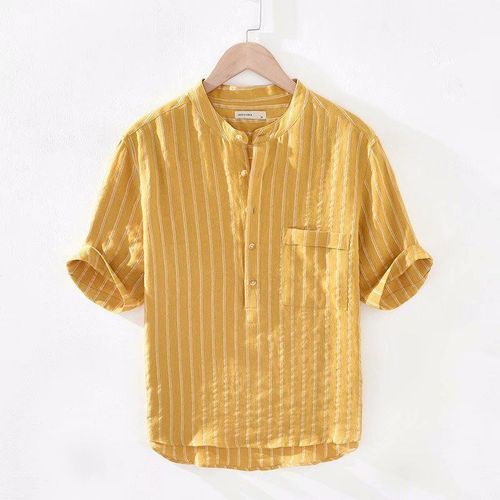 Chemise En Coton Et Lin A Col Montant Assortie Aux Couleurs Japonaises Tendance De La Mode A Manches Trois-Quarts Pour Hommes Version Coréenne Chemise A Manches Mi-Longues En Lin A Manches Sept Points