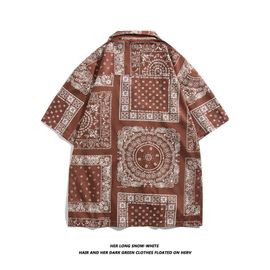 Japonais Rétro Fleur De Cajou Pleine Impression Chemise A Manches Courtes Hommes A La Mode Marque Lâche Hip-Hop Couple Veste Décontractée
