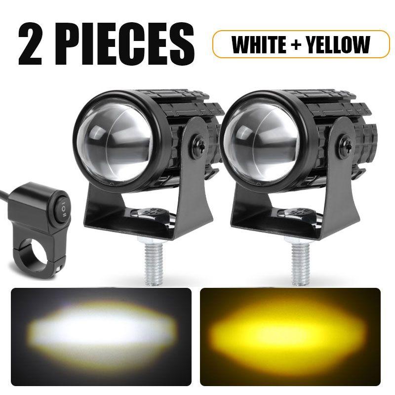 Projecteur de moto LED, Mini-projecteur auxiliaire, lentille étanche, feux  de brouillard de conduite jaune blanc
