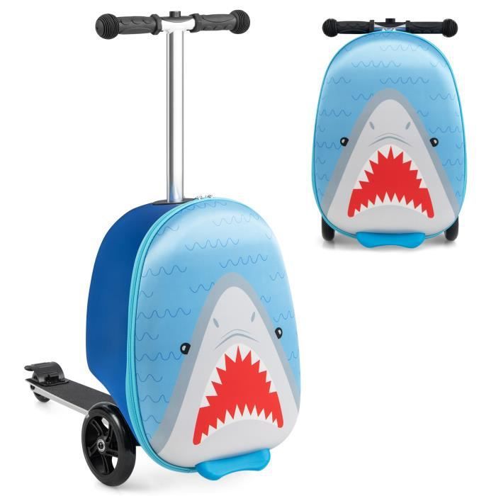 COSTWAY 2 en 1 Trottinette pour Enfants avec 3 Roues LED, 19? Valise Enfant Pliable, Freinage de Sécurité, 26 L, 5 Ans+, Requin