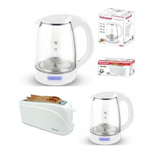 PACK DEJEUNER Bouilloire électrique en Verre Blanche 1L7 2200W + Grille-pain Baguettes Blanc 2 Fentes 1300W