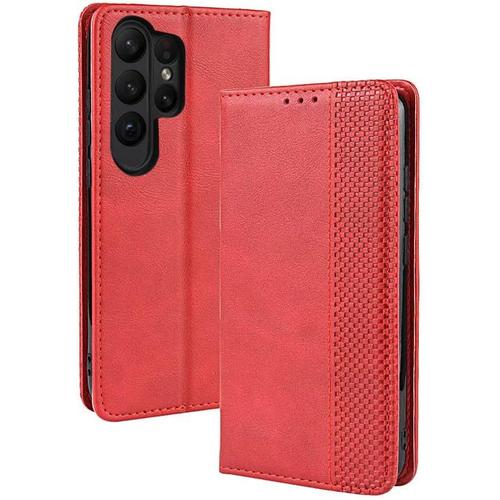 Coque Cuir Étui Pour Samsung Galaxy S23 Ultra 5g Housse, Etui Portefeuille Case Cover, Fermeture Magnétique, Flip Béquille Et Emplacements Pour Cartes -Rouge