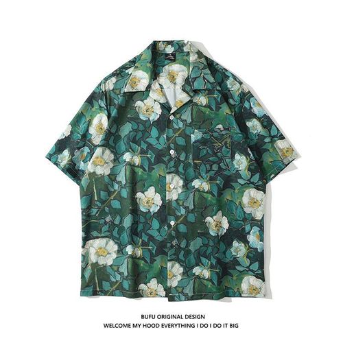 Japonais Rétro Fleur De Cajou Pleine Impression Chemise A Manches Courtes Hommes A La Mode Marque Lâche Hip-Hop Couple Veste Décontractée