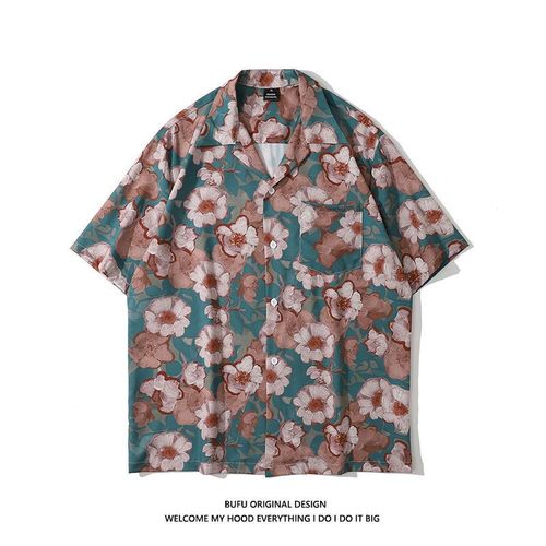 Japonais Rétro Fleur De Cajou Pleine Impression Chemise A Manches Courtes Hommes A La Mode Marque Lâche Hip-Hop Couple Veste Décontractée