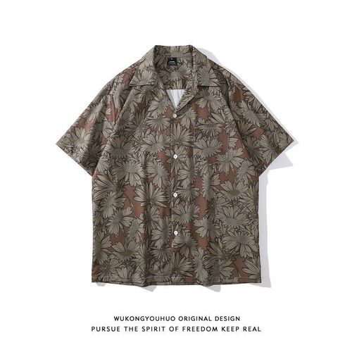 Japonais Rétro Fleur De Cajou Pleine Impression Chemise A Manches Courtes Hommes A La Mode Marque Lâche Hip-Hop Couple Veste Décontractée