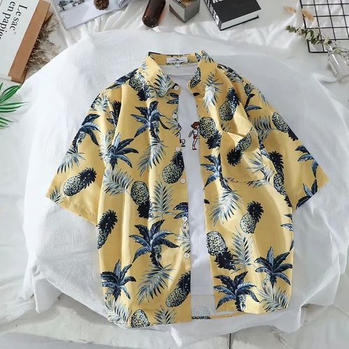 Coréen Rétro Feuilles Ananas Couple Floral Chemise A Manches Courtes Été All-Match Hommes Et Femmes Avec Le Meme Style Plage Bord De Mer Chemise