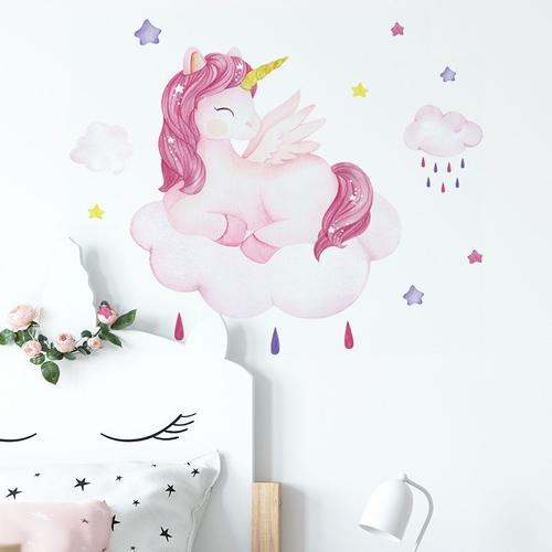 Autocollants muraux licorne de dessin animé, décor mural en vinyle écologique pour chambre de bébé, chambre d'enfants, chambre de filles